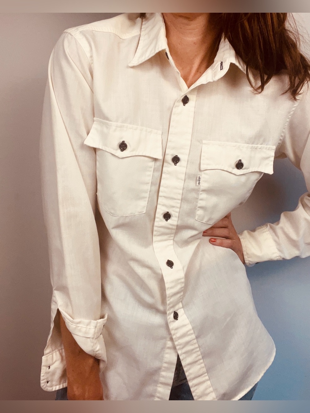 Vintage 70s Levi’s Saddleman Western Work Shirt – White Tab - Ivory Chambray – M - Picture 11 of 12